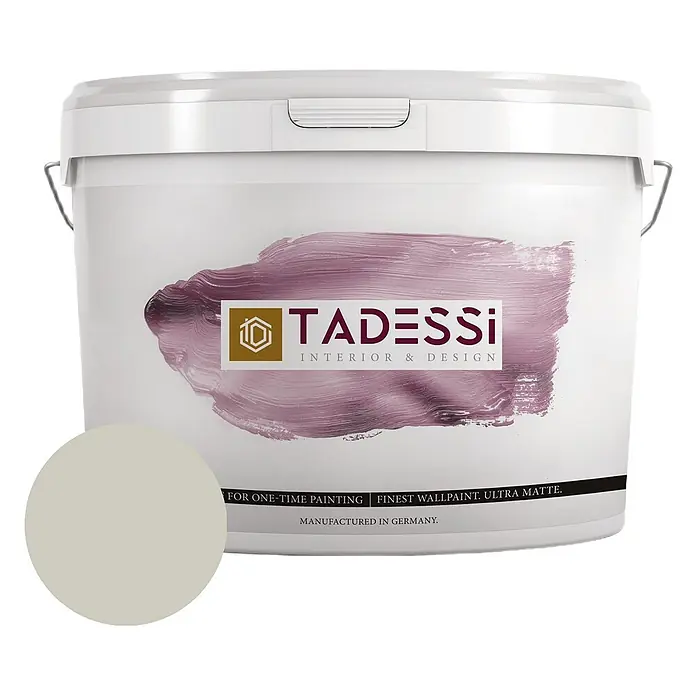 Tadessi Wandfarbe Pastell Mocha - Taupe, Matt, 2,5 l - Weißer Farbeimer mit TADESSI-Logo und hellgrauer Farbmuster, ultra matte Wandfarbe.
