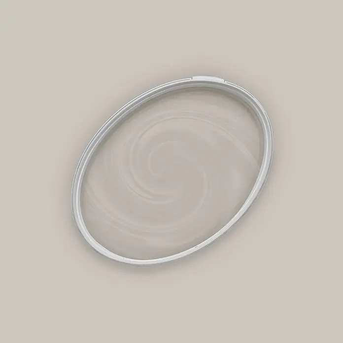 Tadessi Wandfarbe Pastell Mocha - Taupe, Matt, 2,5 l - Ovaler weißer Deckel mit hellbeigem Wirbelmuster.
