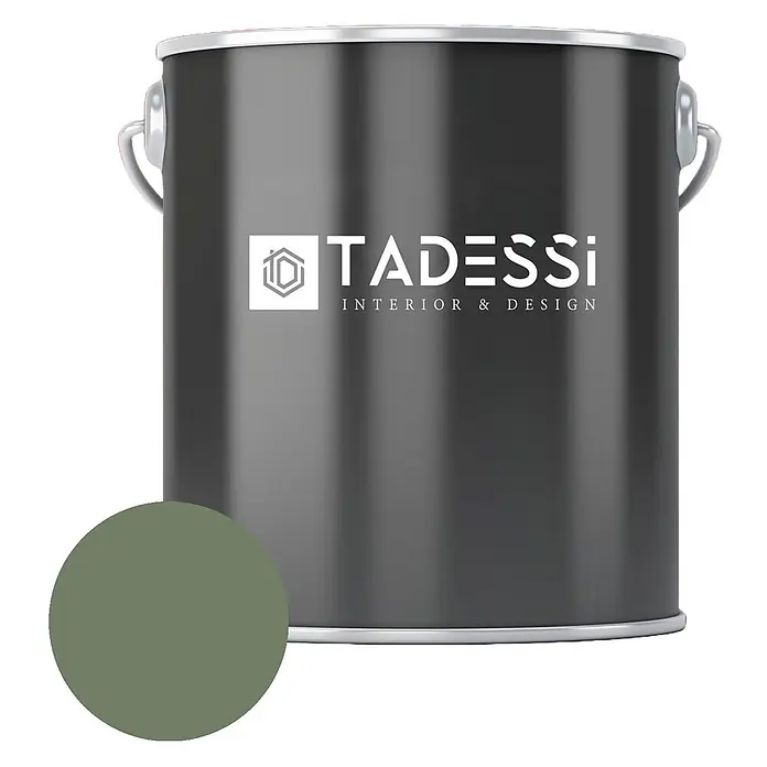 Tadessi Wandfarbe Avocadogrün - Grün, Matt, 1 l - TADESSI dunkelgraue Farbdose mit silbernem Deckel und Griff, daneben ein Farbmuster in Olivgrün.