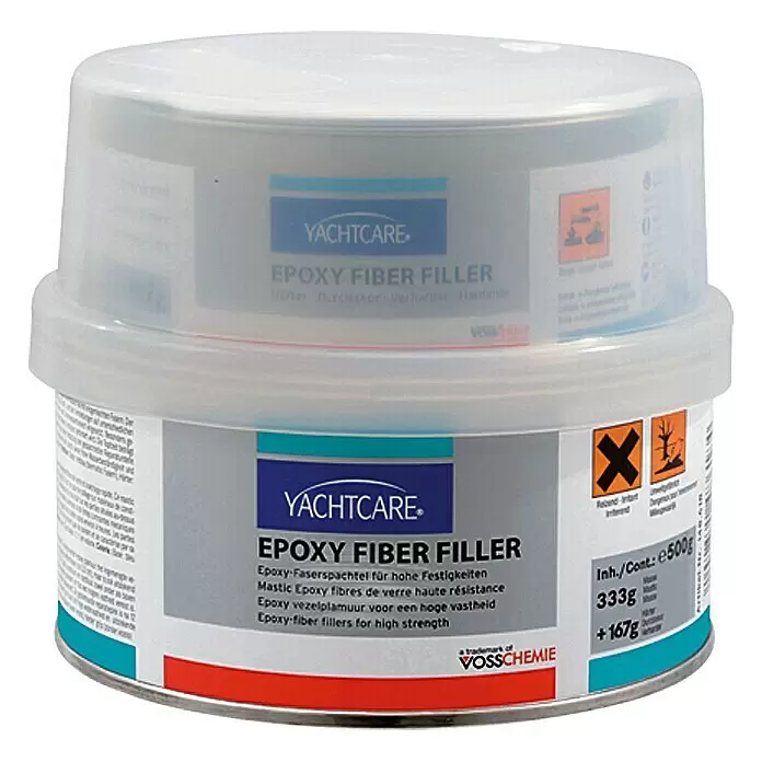 Yachtcare Epoxy Fiber Filler - 2 kg, Azul claro - Relleno de fibra epoxi Yachtcare en envase de dos partes, plateado con etiqueta azul y tapa transparente.
