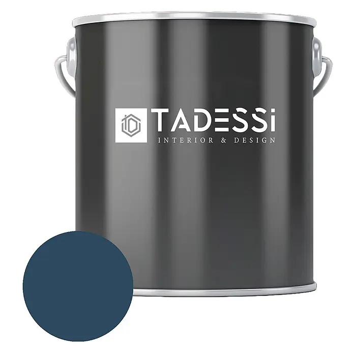 Tadessi Wandfarbe Nachthimmel - Blau, Matt, 5 l - Dunkelgraue Farbkanne mit TADESSi-Logo und tiefblauem Farbmuster.