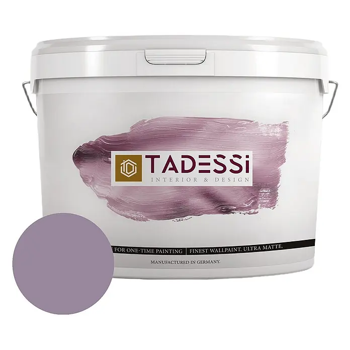 Tadessi Wandfarbe Dunkellavendel - Lila, Matt, 5 l - Weißer Tadesi Farbeimer mit lila Farbmuster ultra-matter Wandfarbe.