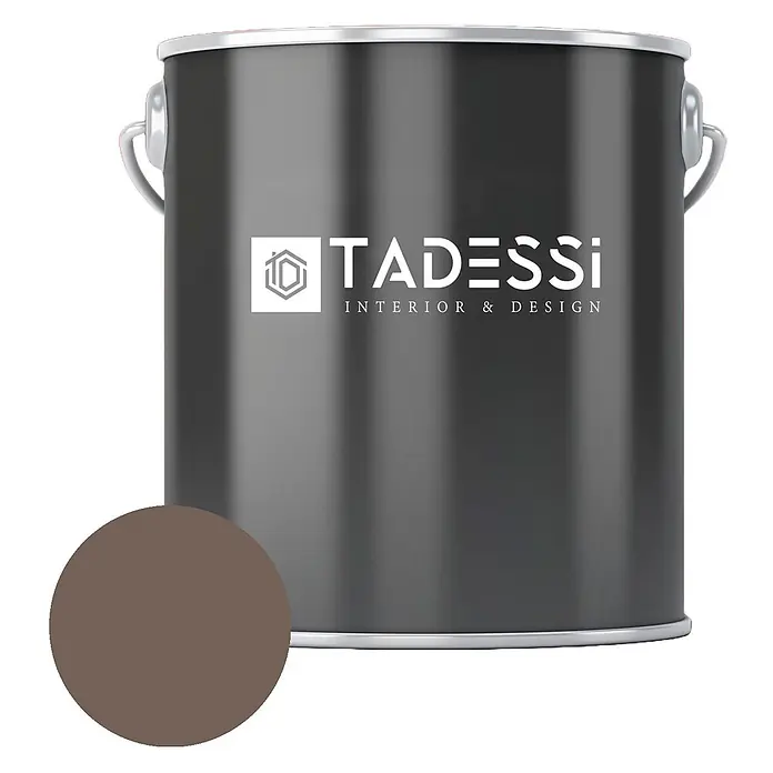 Tadessi Wandfarbe Sand - Braun, Matt, 5 l - Dunkelgrauer Metall-Farbkanister mit einem runden taupefarbenen Farbmuster.