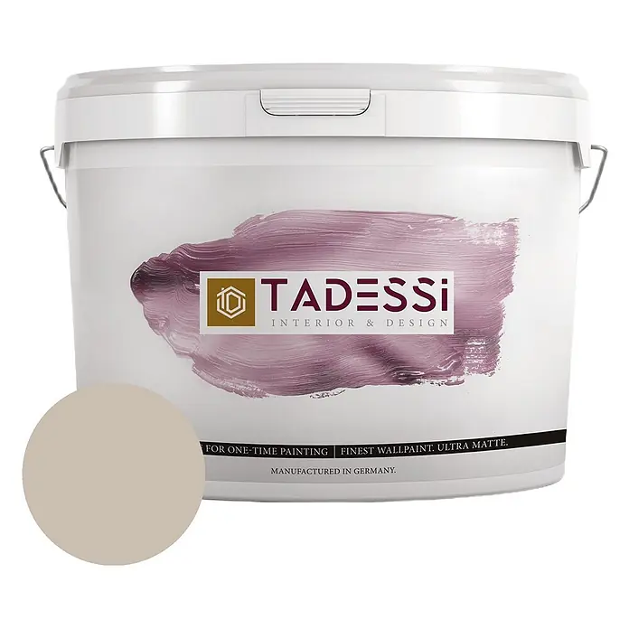 Tadessi Wandfarbe Kaffeecreme Mocha - Taupe, Matt, 5 l - Weißer TADESSI Farbeimer mit beiger Farbmusterung. Ultramatte Wandfarbe.