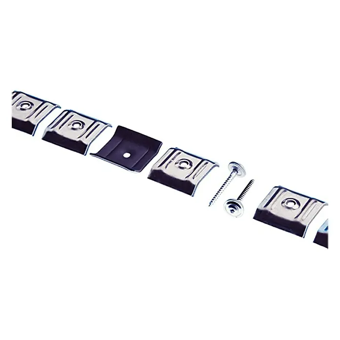 Kalotte - 25 Stk., Eckig - Produktbild von einer Reihe von Abdeckclips aus Metall, inklusive Schrauben, präsentiert auf einem neutralen Hintergrund.