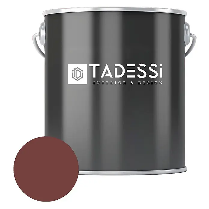 Tadessi Wandfarbe Kastanie - Rot, Matt, 2,5 l - Dunkelgraue Farbkanne mit „TADESSI“-Logo und braunem Farbmuster.