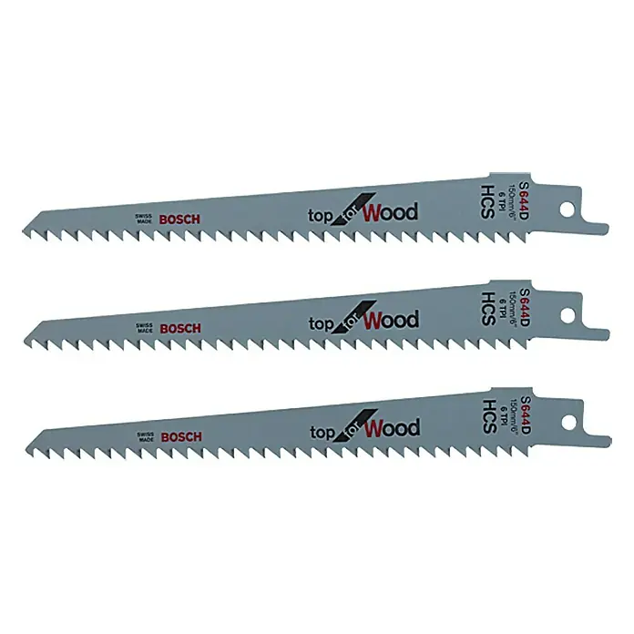 Bosch Sägeblatt-Set - Passend für: Bosch Akku-Gartensäge KEO - Das Bild zeigt drei Bosch S644D Stichsägeblätter für Holz, Swiss Made, mit der Aufschrift "top for Wood" und HCS-Kennzeichnung.