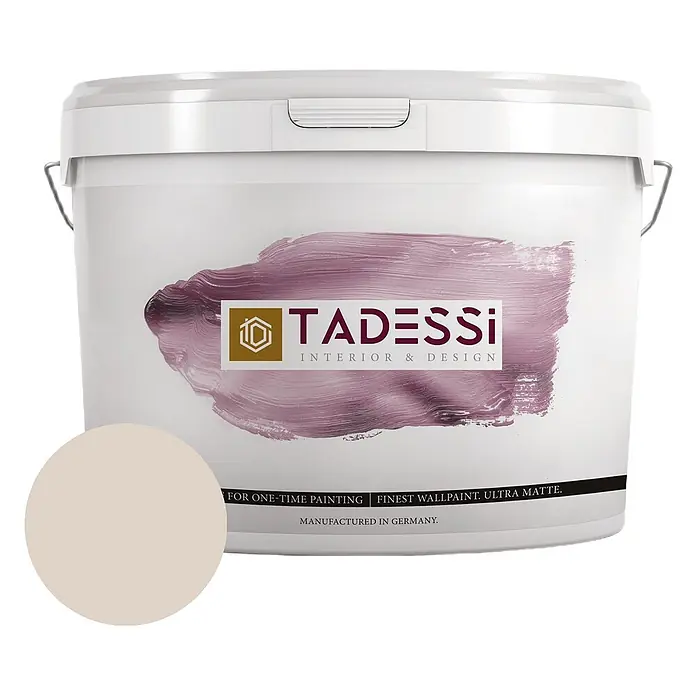 Tadessi Wandfarbe Porzellanbeige - Beige, Matt, 2,5 l - Weißer Eimer ultra matter Innenwandfarbe in Hellbeige, mit einem runden Farbmuster.