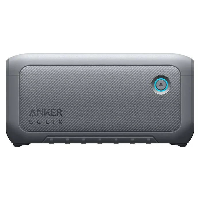 Anker Solix Powerstation SOLIX BP2000 Erweiterungsakku - 2.048 Wh - Graue Anker Solix Powerstation mit Carbonfaser-Frontplatte, blau beleuchtetem Einschaltknopf und Reset-Taste.