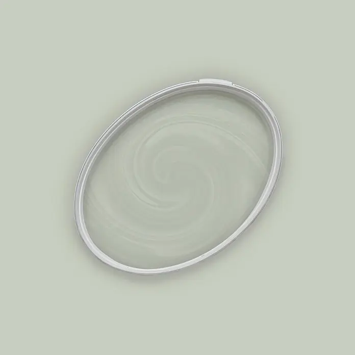 Tadessi Wandfarbe Sage Green - Grün, Matt, 5 l - Weißer ovaler Rahmen mit transparentem, verwirbeltem Zentrum.
