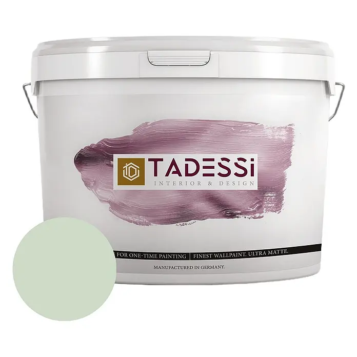 Tadessi Wandfarbe Sage Green - Grün, Matt, 5 l - Weißer Tadessi-Farbeimer für Innenwände, mit einer hellgrünen Farbmusterung.