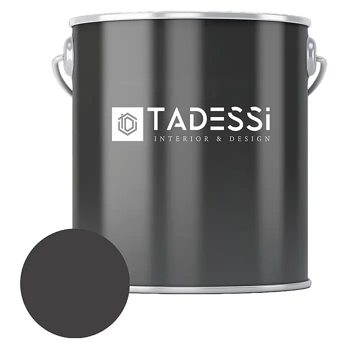 Tadessi Wandfarbe Anthrazitgrau - Schwarz, Matt, 1 l - Dunkelgraue Farbkanne mit 'TADESSI'-Logo und passender Farbmuster.