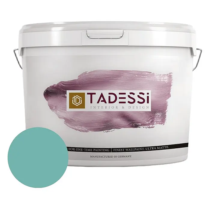 Tadessi Wandfarbe Türkisgrün - Grün, Matt, 2,5 l - Weißer Farbeimer mit 'TADESSI' Logo und blaugrünem Farbmuster, beschriftet als Wandfarbe.