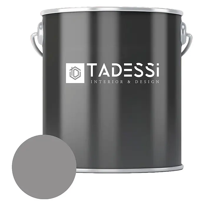 Tadessi Wandfarbe Dunkelgrau - Grau, Matt, 2,5 l - Dunkelgraue TADESSI-Farbkanne mit einer hellgrauen Farbprobe.