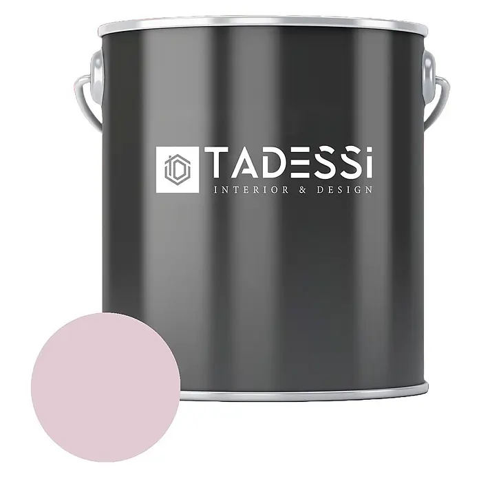 Tadessi Wandfarbe Altrosa - Rosa, Matt, 1 l - Dunkelgraue TADESSI Farbdose und ein hellrosa Farbmuster für Innenarchitektur.