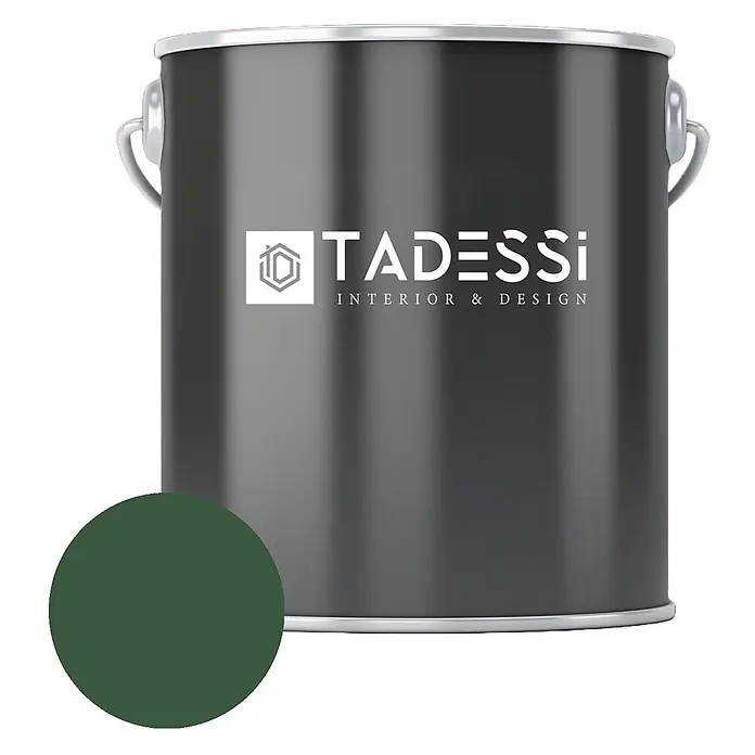Tadessi Wandfarbe Tannengrün - Grün, Matt, 1 l - Dunkelgrauer Farbeimer mit 'TADESSI'-Logo und dunkelgrüner Farbprobe.