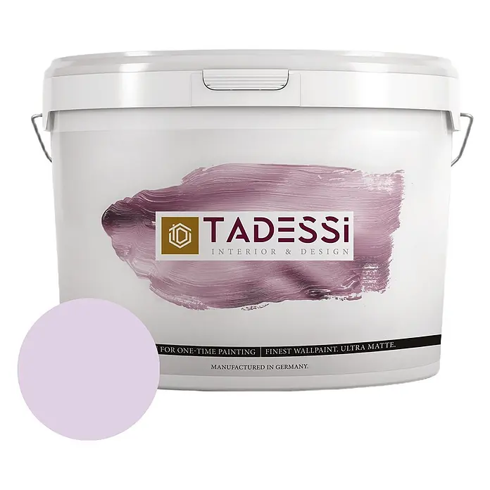 Tadessi Wandfarbe Fliederhell - Lila, Matt, 5 l - Weißer TADESSi Farbeimer mit helllila Farbmuster für ultramatte Wandfarbe.
