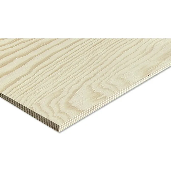 Sperrholzplatte Fixmaß I - Kiefer, L x B x S: 1.200 x 600 x 8 mm - Nahaufnahme einer hellen Holzplatte mit sichtbaren Holzmaserungen und mehreren Holzschichten. Ideal für Bau- und Möbelprojekte.