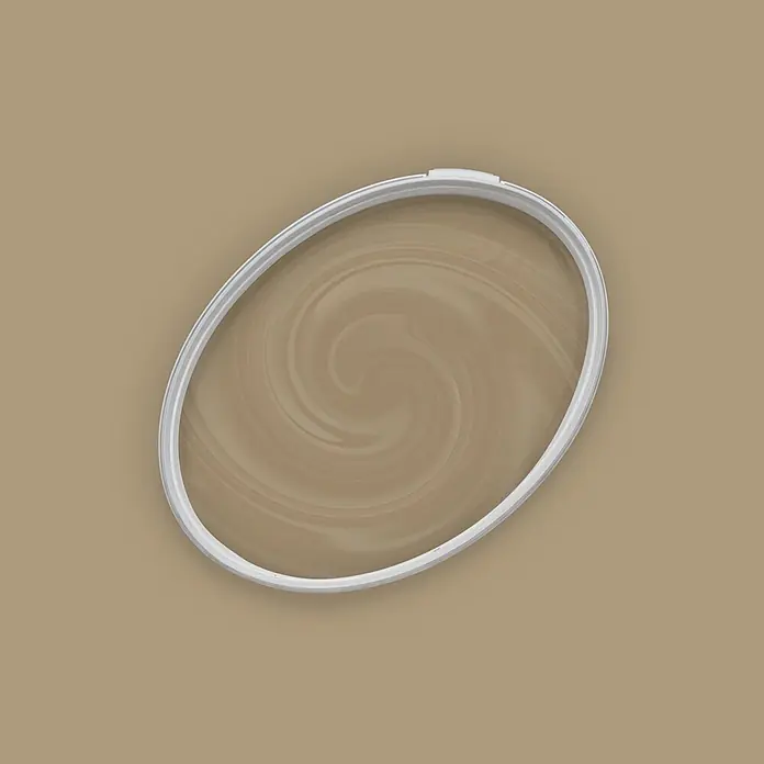 Tadessi Wandfarbe Haselnuss Mocha - Grün, Matt, 2,5 l - Weißer ovaler Stickrahmen mit wirbelndem beigem Muster innen.