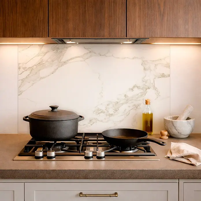 Protector de pared de cocina Marble - L x An x Es: 90 cm x 60 cm x 3 mm, Marfil, Aluminio - Placa de gas de acero inoxidable con dos recipientes de cocción de hierro fundido negro en una encimera de cocina.