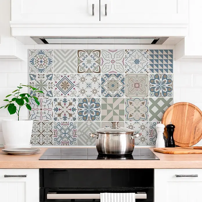 Protector de pared de cocina Mosaico - L x An x Es: 90 cm x 60 cm x 3 mm, Multicolor, Aluminio - Azulejos decorativos con patrones para salpicadero de cocina.