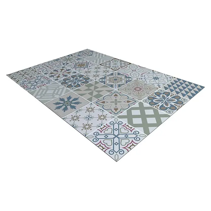 Protector de pared de cocina Mosaico - L x An x Es: 90 cm x 60 cm x 3 mm, Multicolor, Aluminio - Una cuadrícula de azulejos cuadrados de colores claros con varios patrones intrincados en tonos azules, verdes, marrones y rosas.