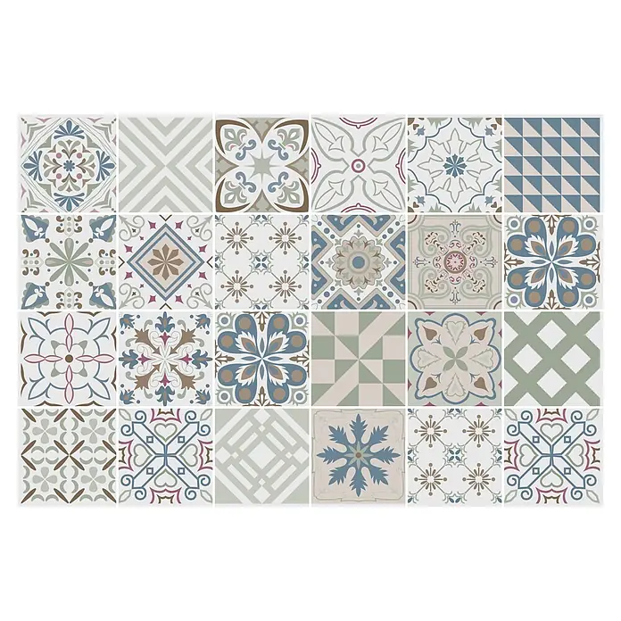 Protector de pared de cocina Mosaico - L x An x Es: 90 cm x 60 cm x 3 mm, Multicolor, Aluminio - Rejilla de azulejos cerámicos estampados en varios diseños, con motivos florales y geométricos en tonos azules, verdes, marrones y rosas suaves, adecuados para mosaicos.