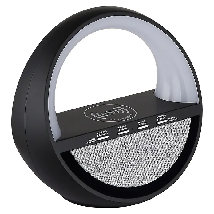 Globo Lámpara de sobremesa Soundra - L x An x Al: 202 x 115 x 183 mm - Altavoz blanco y negro en forma de arco con luz nocturna y cargador inalámbrico integrados.