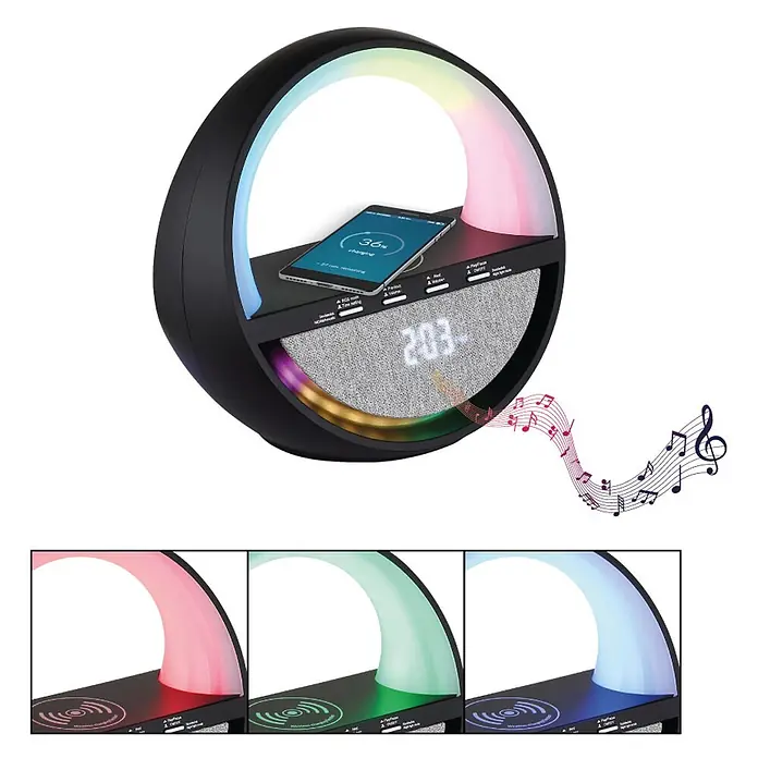Globo Lámpara de sobremesa Soundra - L x An x Al: 202 x 115 x 183 mm - Lámpara circular negra con luz RGB, carga inalámbrica para teléfono, reloj digital y altavoz gris.