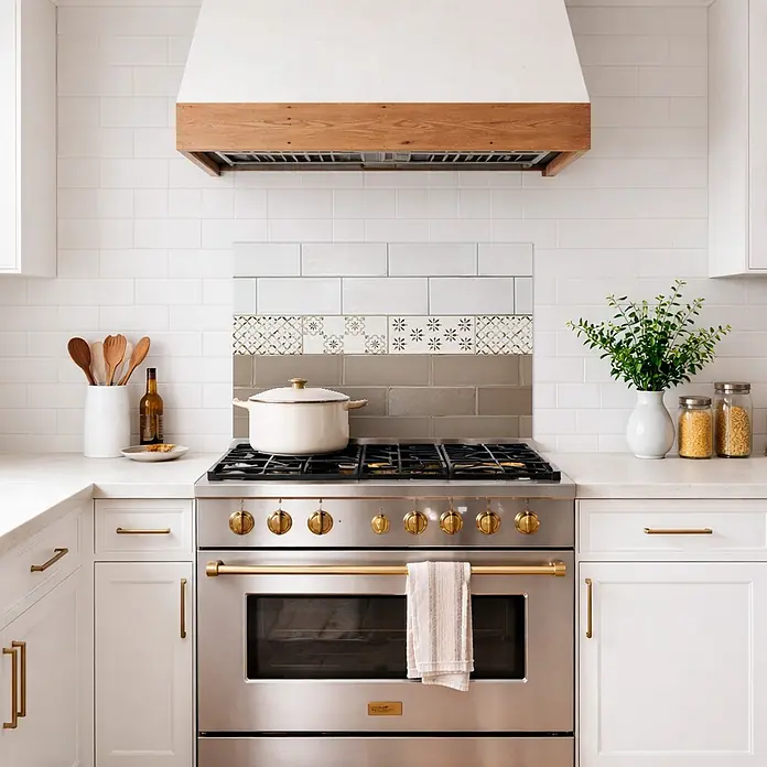 Protector de pared de cocina Cenefa - L x An x Es: 90 cm x 60 cm x 3 mm, Marrón, Aluminio - Cocina de acero inoxidable con pomos de latón, una olla blanca y toalla a rayas en cocina moderna.