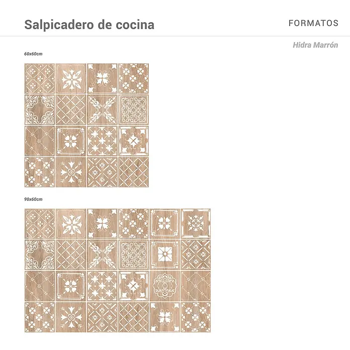 Protector de pared de cocina Hidra - L x An x Es: 60 cm x 60 cm x 3 mm, Marrón, Aluminio - Azulejos de salpicadero de cocina marrón madera con patrones decorativos blancos, disponibles en 60x60cm y 90x60cm.