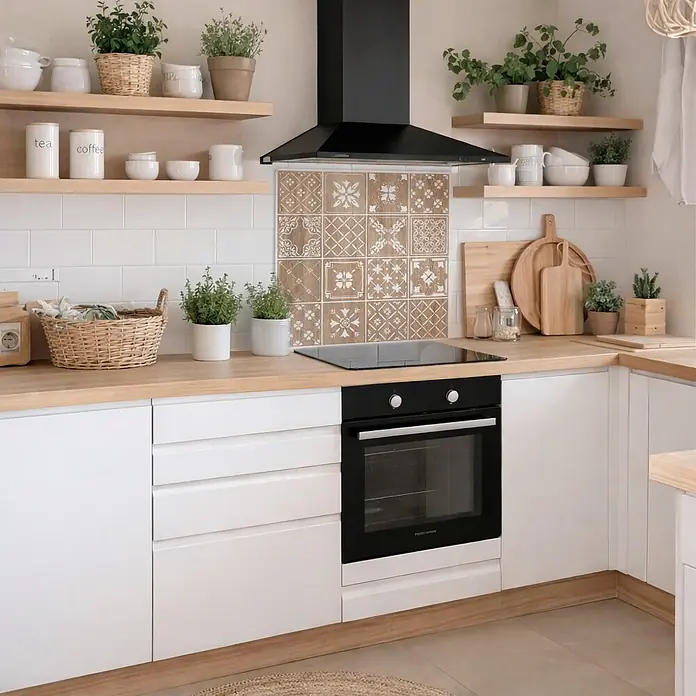 Protector de pared de cocina Hidra - L x An x Es: 60 cm x 60 cm x 3 mm, Marrón, Aluminio - Azulejos marrones con patrones como salpicadero de cocina bajo una campana negra, sobre una placa de inducción.
