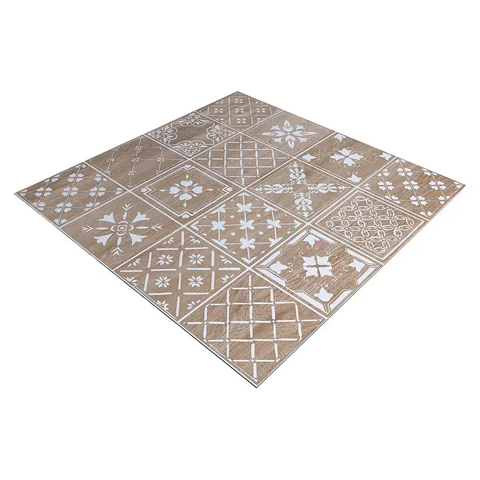 Protector de pared de cocina Hidra - L x An x Es: 60 cm x 60 cm x 3 mm, Marrón, Aluminio - Baldosa cuadrada decorativa con base de imitación madera clara y varios patrones blancos, apta para suelos.