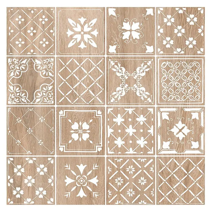 Protector de pared de cocina Hidra - L x An x Es: 60 cm x 60 cm x 3 mm, Marrón, Aluminio - Azulejos decorativos de madera clara con una variedad de patrones geométricos y florales blancos.