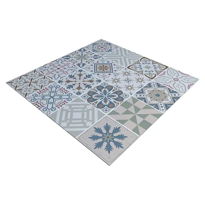 Protector de pared de cocina Mosaico - L x An x Es: 60 cm x 60 cm x 3 mm, Multicolor, Aluminio - Azulejos cerámicos decorativos con variados patrones geométricos y florales en tonos tenues de azul, verde, marrón y blanco.