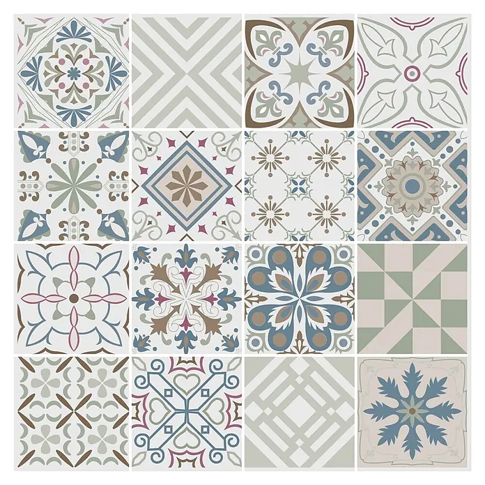 Protector de pared de cocina Mosaico - L x An x Es: 60 cm x 60 cm x 3 mm, Multicolor, Aluminio - Azulejos cerámicos cuadrados con diversos patrones geométricos y florales en tonos verdes, azules, marrones y rosados apagados. Ideales para paredes o suelos.