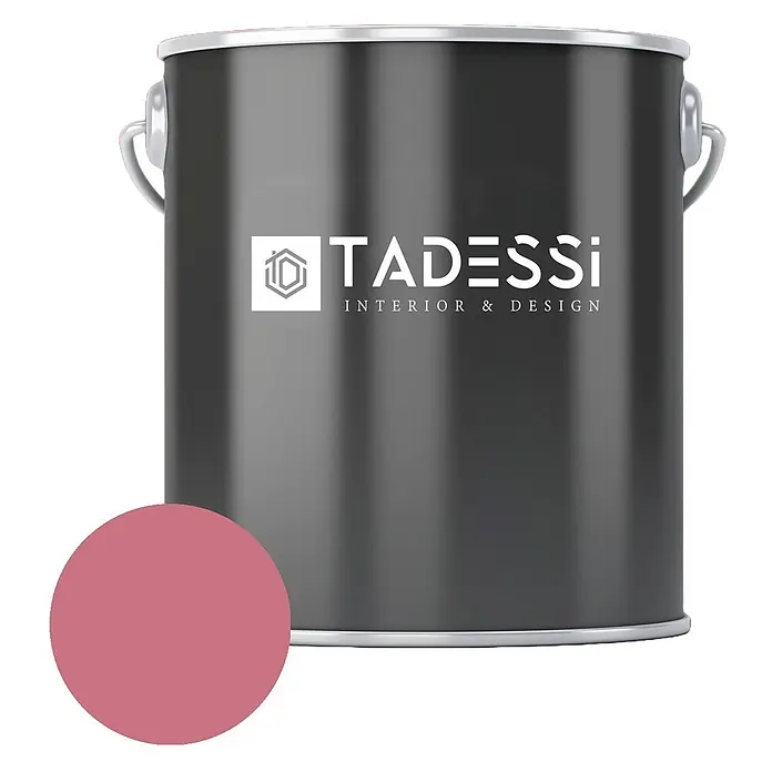 Tadessi Wandfarbe Eisrosa - Pink, Matt, 5 l - Dunkelgraue Tadesi Farb-Dose mit einem rosafarbenen Farbmuster.