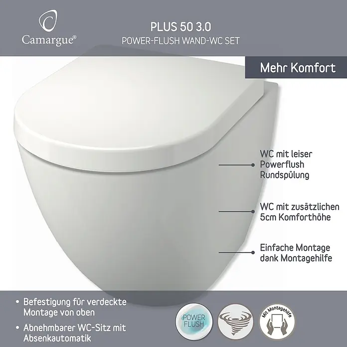 Camargue Wand-WC-Set Plus 50 3.0 - Spülrandlos, WC Abgang: Waagerecht, Weiß - Weißes Camargue Plus 50 3.0 Power-Flush Wand-WC-Set mit extra Komforthöhe und Absenkautomatik für einfache Montage.