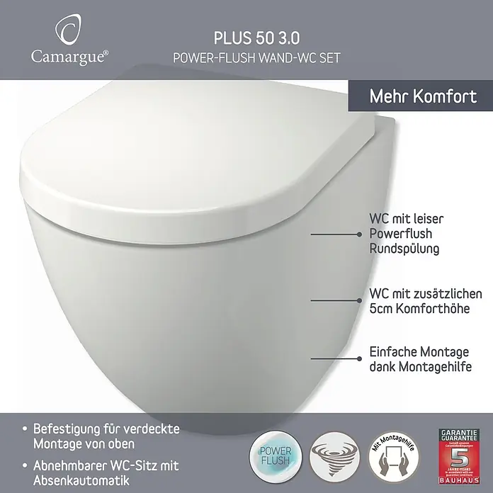 Camargue Wand-WC-Set Plus 50 3.0 - Spülrandlos, WC Abgang: Waagerecht, Weiß - Weißes Camargue Plus 50 3.0 Power-Flush Wand-WC-Set mit extra Komforthöhe und Absenkautomatik für einfache Montage.