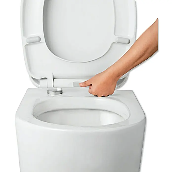 WC-Sitz Siracusa - Duroplast, Weiß, Mit Absenkautomatik - Ein Händedruckknopf an einem weißen WC-Sitz.