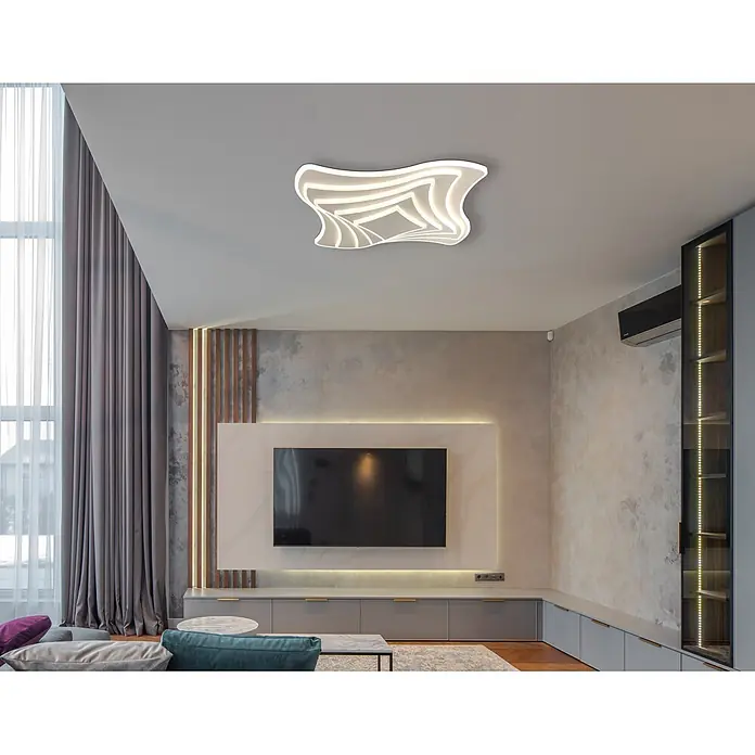 Globo Deckenleuchte Octavio - 42 W, L x B x H: 450 x 450 x 70 mm, Sandfarben, Kunststoff - Wellige weiße LED-Deckenleuchte, die ein modernes Wohnzimmer beleuchtet.