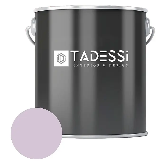 Tadessi Wandfarbe Blütenholz - Violett, Matt, 1 l - Dunkelgrauer TADESSi Farbeimer mit weißem Logo und runder hellvioletter Farbprobe.