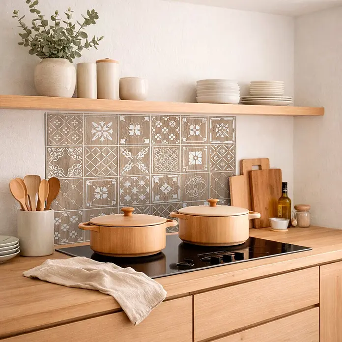 Protector de pared de cocina Hidra - L x An x Es: 90 cm x 60 cm x 3 mm, Marrón, Aluminio - Panel antisalpicaduras de cocina marrón efecto madera con diversos patrones blancos, instalado sobre una placa.