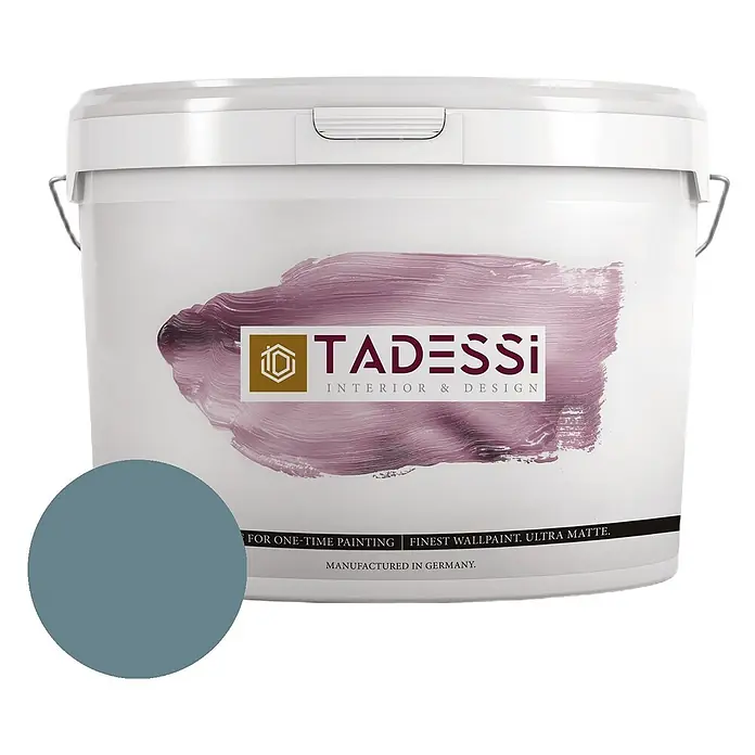 Tadessi Wandfarbe Stahlblau - Blau, Matt, 5 l - Weißer Tadessi Farbeimer mit blaugrauem Farbmuster, enthält ultramatte Wandfarbe.
