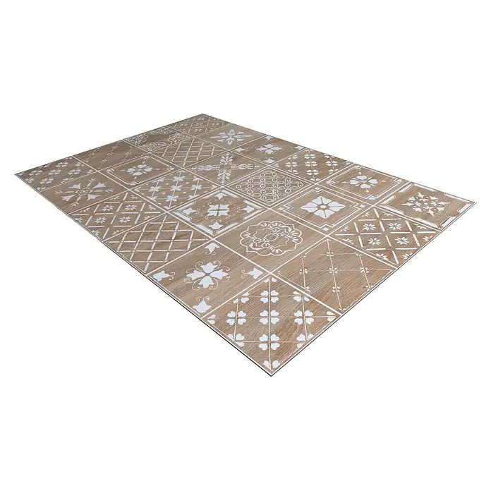 Protector de pared de cocina Hidra - L x An x Es: 90 cm x 60 cm x 3 mm, Marrón, Aluminio - Alfombra de suelo marrón claro con variados estampados blancos florales y geométricos, dispuestos en cuadrados.