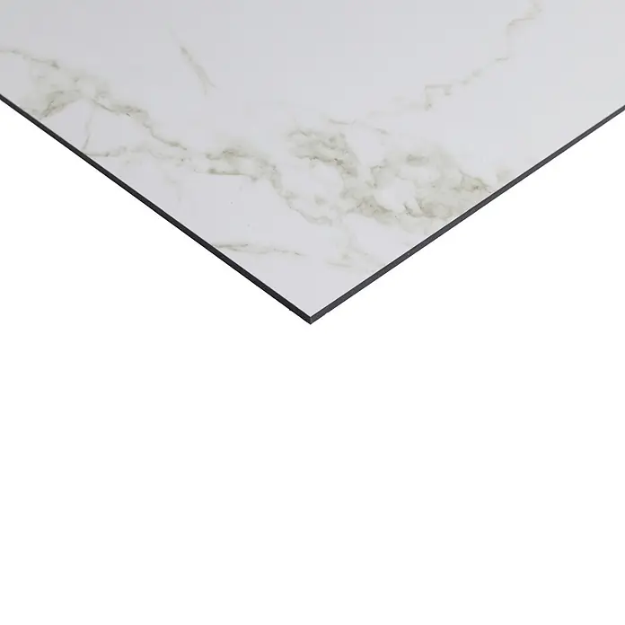 Protector de pared de cocina Marble - L x An x Es: 60 cm x 60 cm x 3 mm, Blanco/Gris, Aluminio - Azulejo blanco con patrón de mármol, vetas grises delicadas y borde negro.