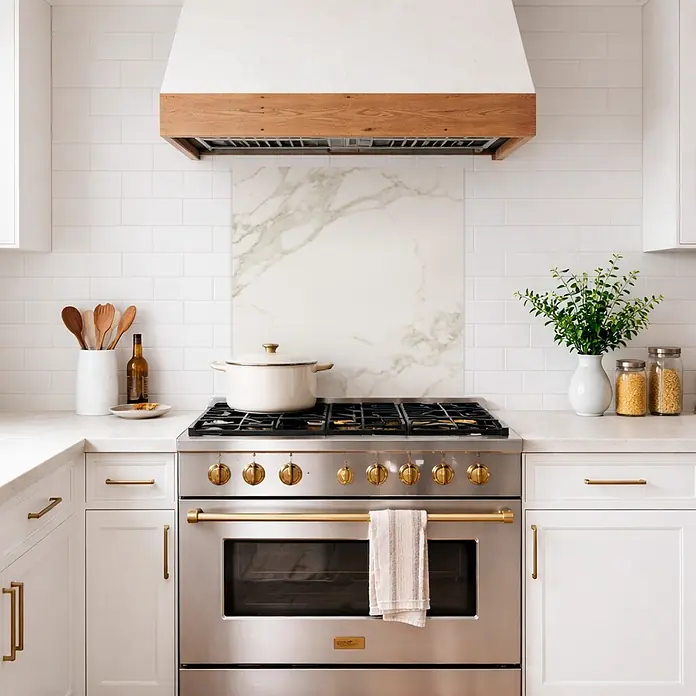 Protector de pared de cocina Marble - L x An x Es: 60 cm x 60 cm x 3 mm, Blanco/Gris, Aluminio - Una cocina de acero inoxidable con herrajes de latón y una olla esmaltada blanca en la encimera.