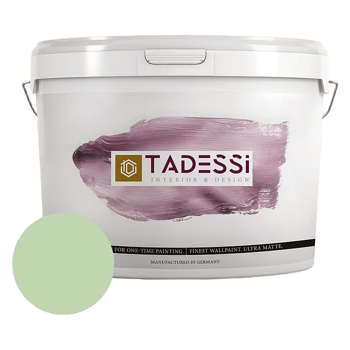 Tadessi Wandfarbe Helles Sage Green - Grün, Matt, 5 l - Weißer Tadessi Farbeimer mit grüner Farbprobe für ultra matte Wandfarbe.