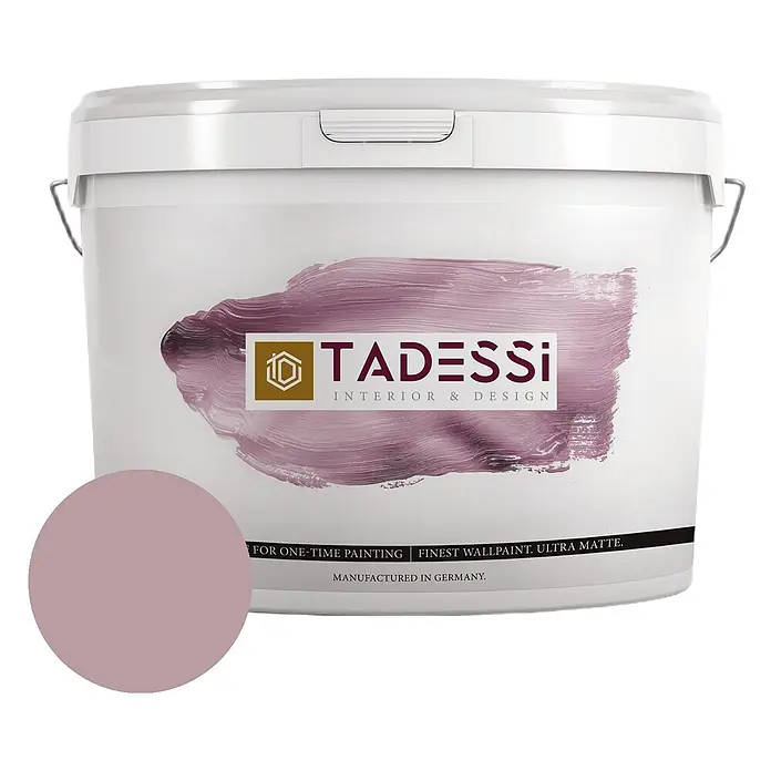 Tadessi Wandfarbe Mauve - Lila, Matt, 2,5 l - Weißer Eimer Tadessi Ultramatt-Wandfarbe mit rundem violettem Farbmuster.
