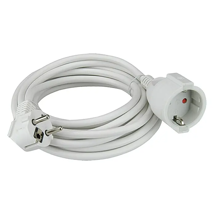 Voltomat Alargo - 10 m, Blanco, H05VV-F - Un cable de extensión blanco con enchufe y toma Schuko, enrollado sobre un fondo blanco.